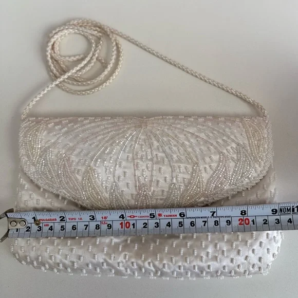 Vintage White Beaded Satin Clutch Purse | Pearl Evening Bag Bridal Prom 90s Y2K - Picture 7 of 9